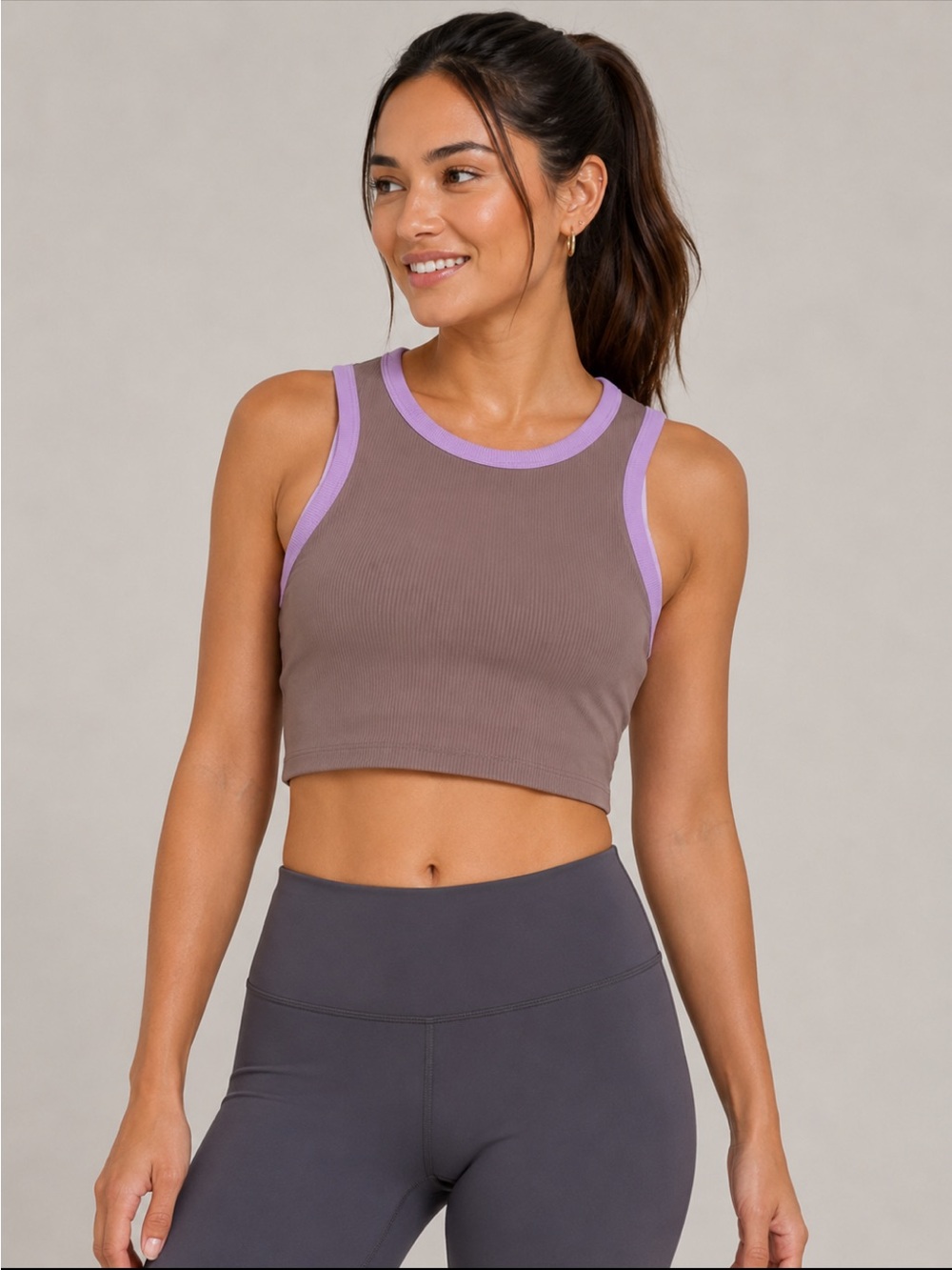 WILO Taupe Cropped Tank with Lavender Trim - XS